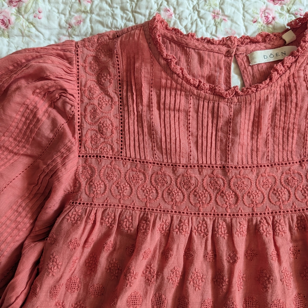 Doen Puff Sleeve Smock Dress in Coral Pink - Picture 2 of 7